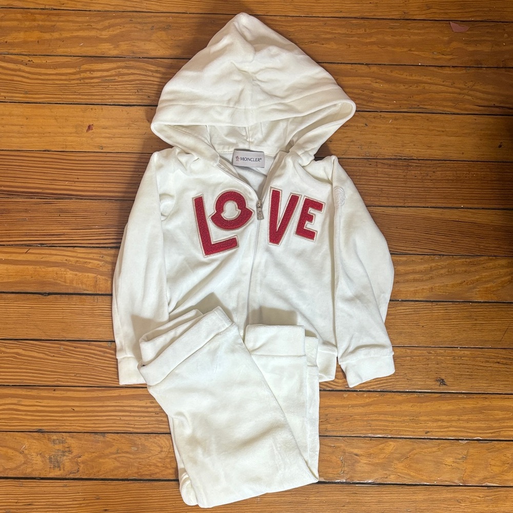 Moncler Cream Kids Hoodie and Sweatpants Set with Red LOVE Appliqué